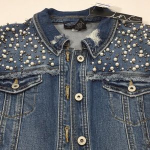 INC Jean jacket distressed pearls NEW WITH TAGS